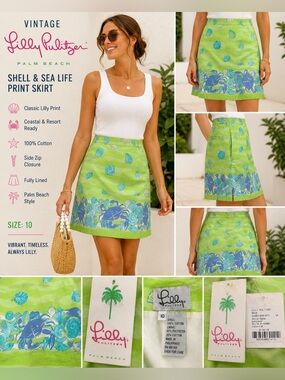 Vintage Lilly Pulitzer Palm Beach Shell Crab Fish Print Skirt Size 10 Green Blue